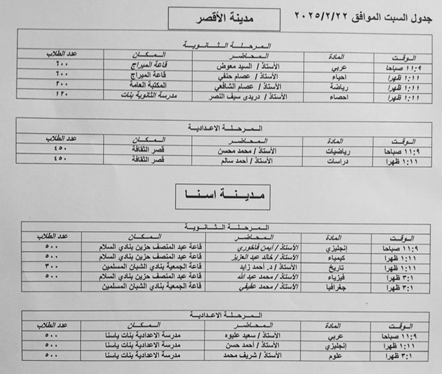 جدول القوافل التعليمية بالأقصر