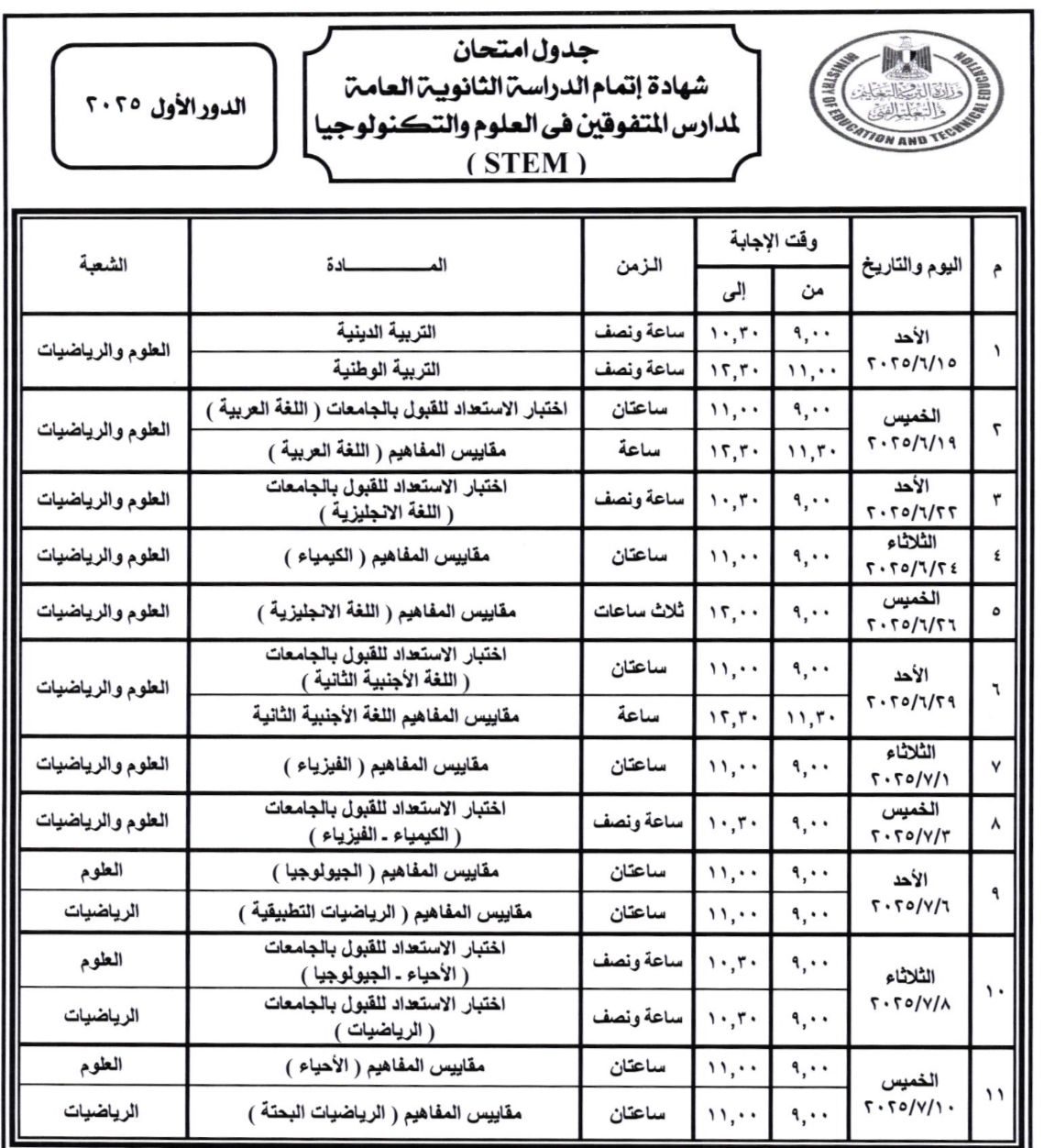 إعلان جداول امتحانات الثانوية العامة 2025