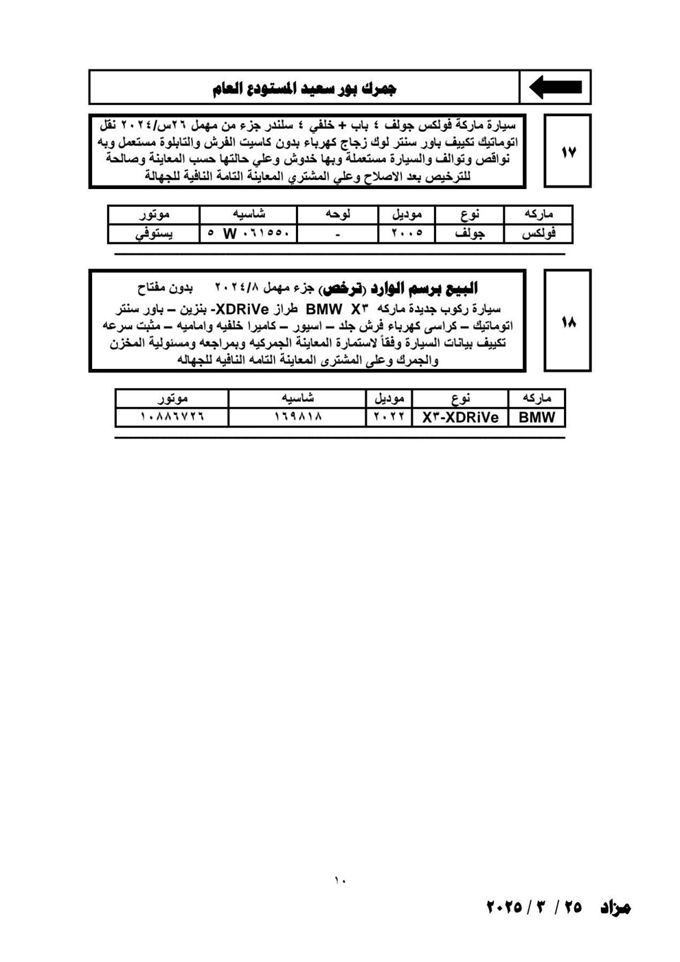 تفاصيل مزاد الجمارك لبيع السيارات اللوط