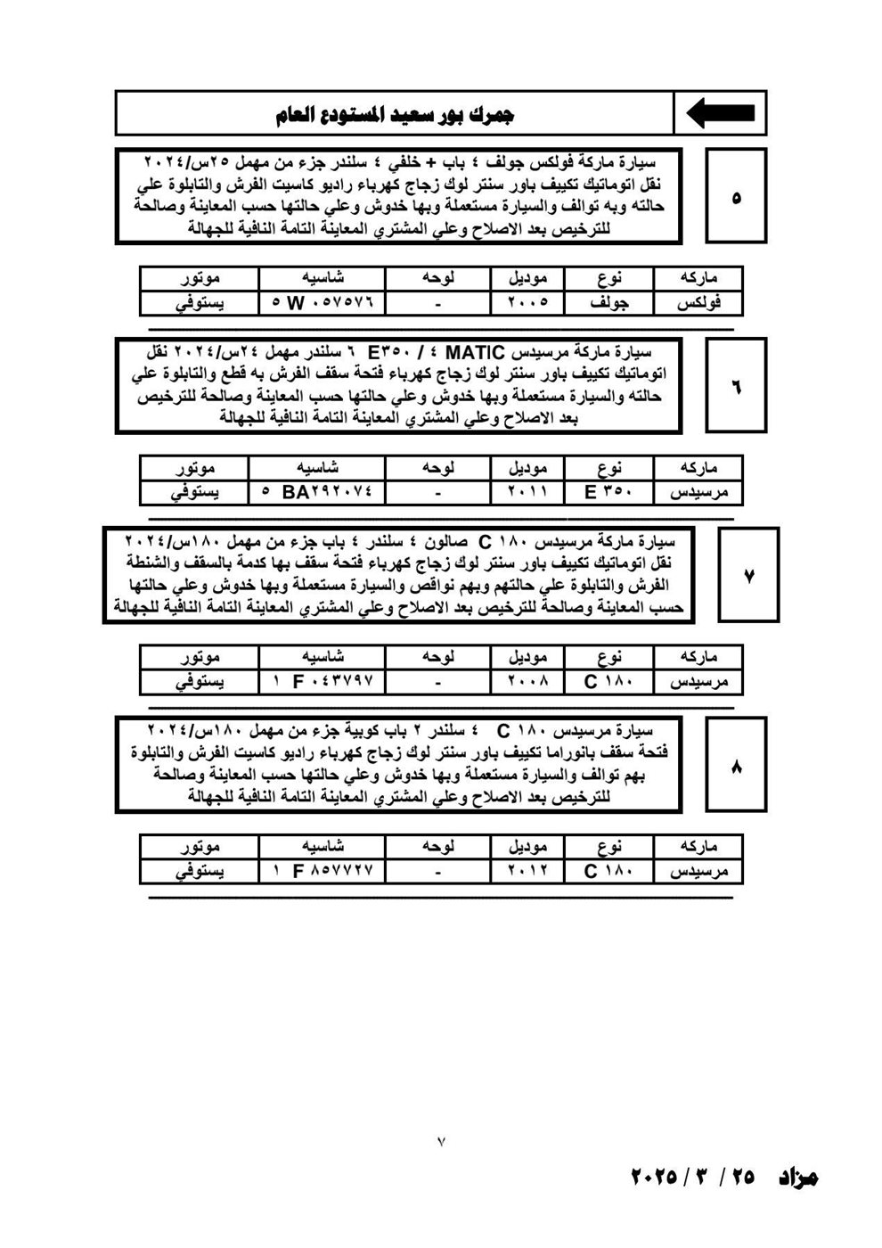 تفاصيل مزاد الجمارك لبيع السيارات اللوط