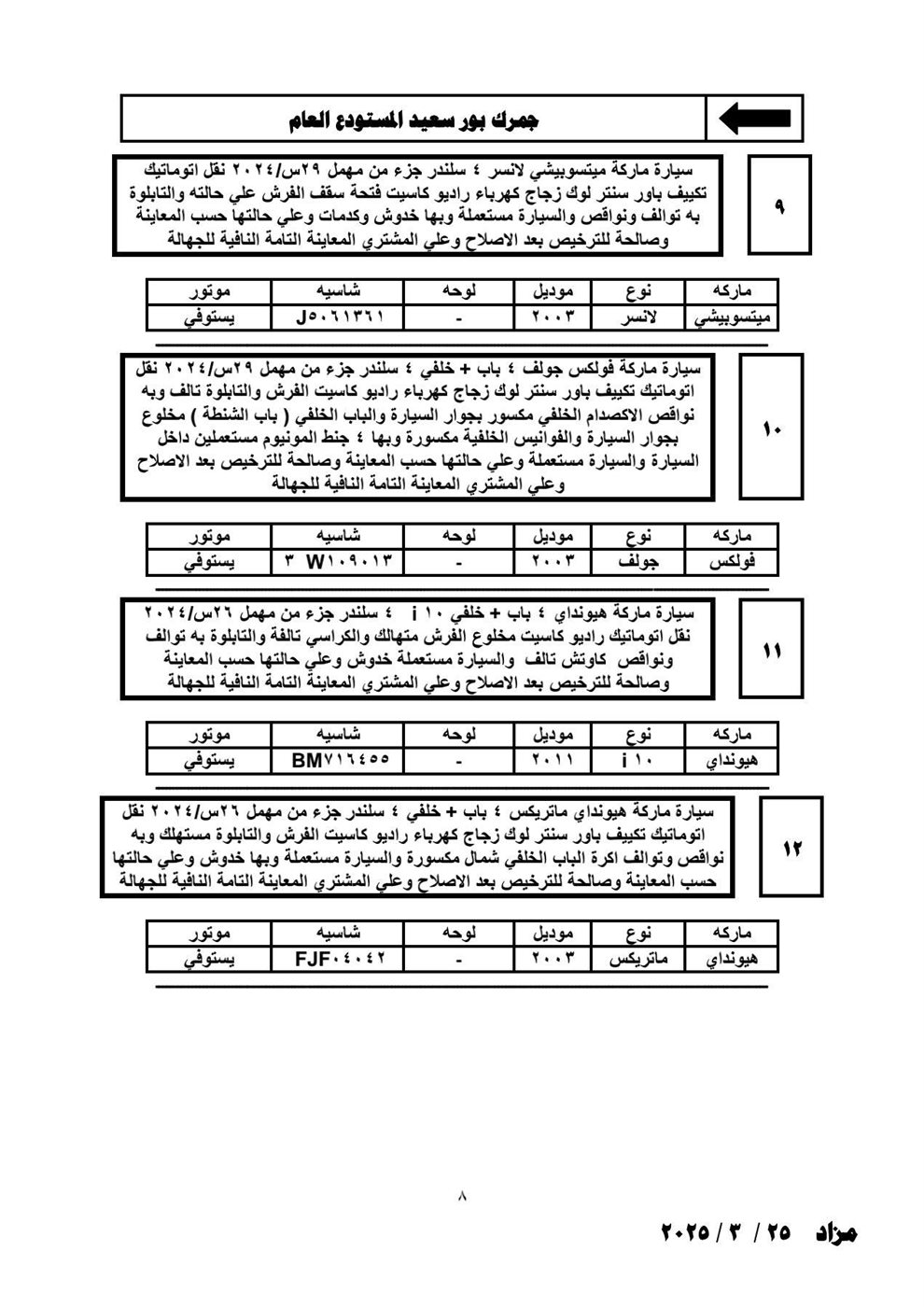 تفاصيل مزاد الجمارك لبيع السيارات اللوط