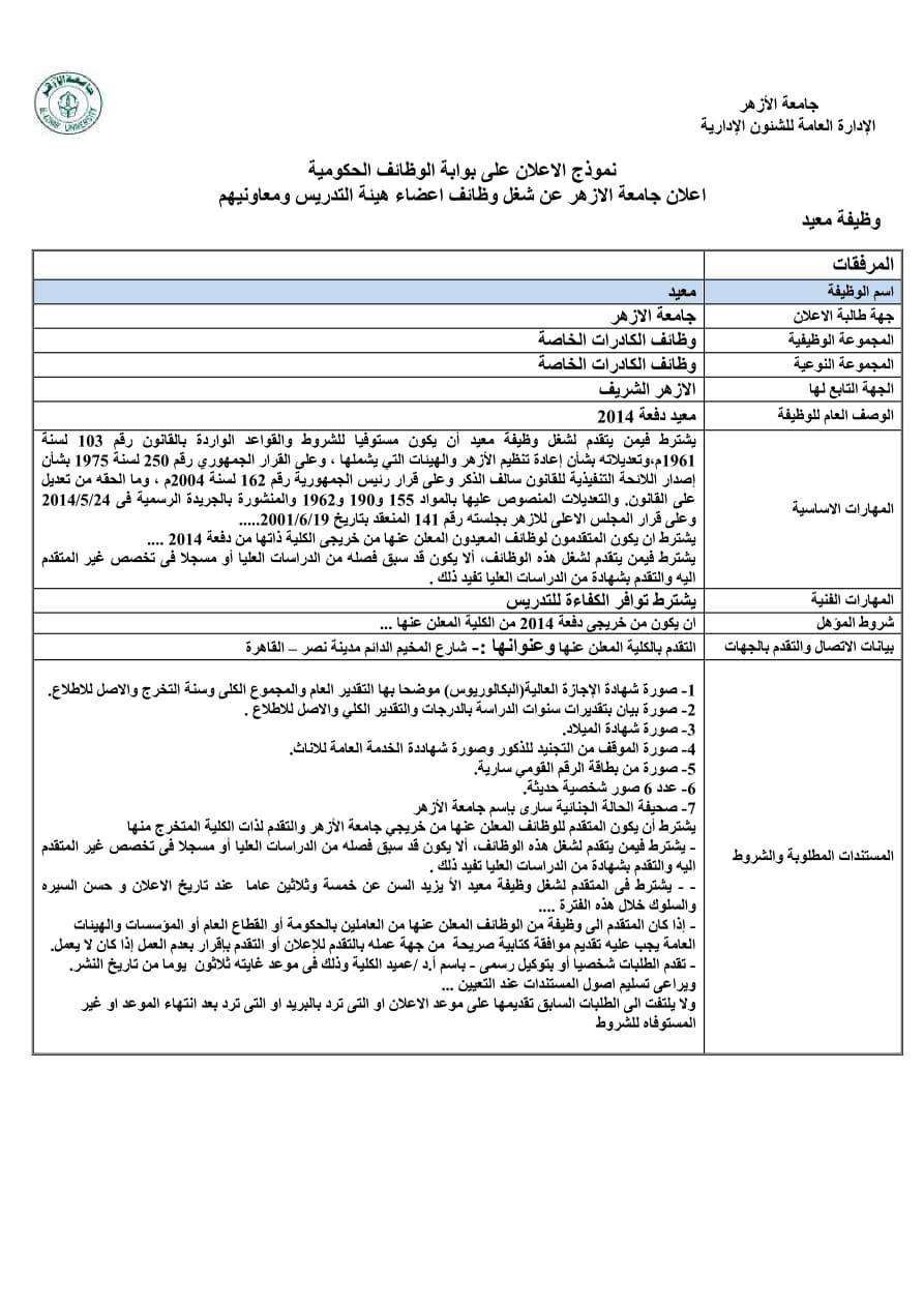 شغل وظائف معيدين من خريجي جامعة الأزهر بقطاع الكليات النظرية والتطبيقية